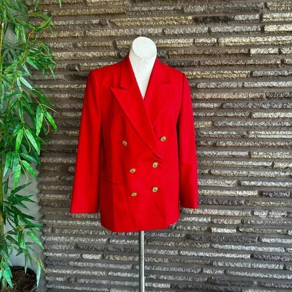 Vintage 90s Hong Kong Made Red 100% Wool Double Breasted Gold Buttons - Picture 1 of 7